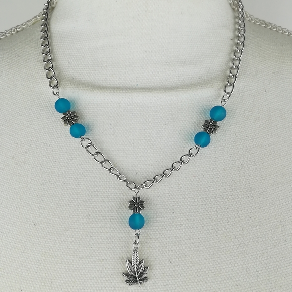 Hand Crafted Jewelry - Unique Cannabis leaf & flower necklace blue frosted glass beads counter culture